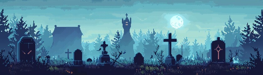 Retro pixel art haunted graveyard with ghosts, fog, and eerie mausoleums - obrazy, fototapety, plakaty