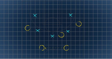Image of blue and yellow symbols and arrows on grid pattern against black background