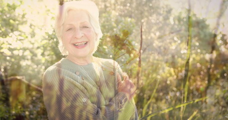 Image of spots of light and trees over smiling senior caucasian woman in garden