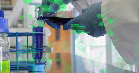 Image of scientific data processing over male scientist in laboratory