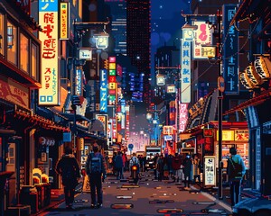 Retro pixel art modern Tokyo street at night with neon signs and busy crowds