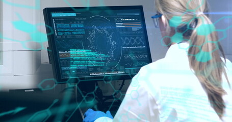 Image of scientific data processing over caucasian female scientist using computer