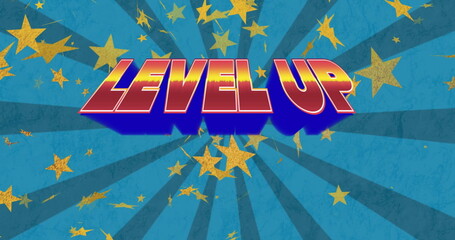 Image of level up text over stars and stripes pattern