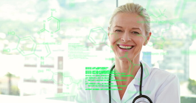 Image of scientific data processing over smiling caucasian female doctor