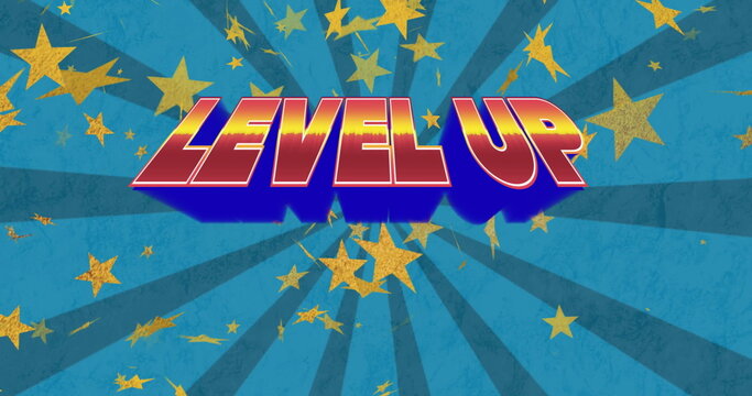 Image of level up text over stars and stripes pattern