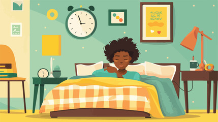 Overslept young AfricanAmerican woman with alarm clo