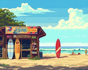 Retro pixel art surf shop on a sunny beach with surfboards and beachgoers