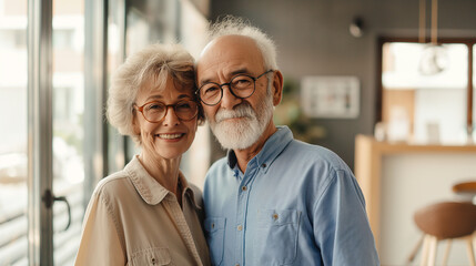 Elderly man and woman aged 65 or 70 years. A couple of elderly people are standing by the window in their home.