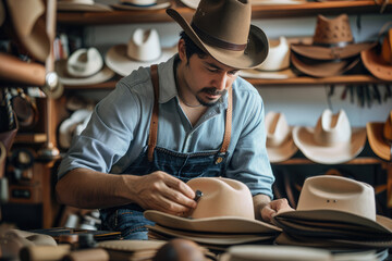 craftsman carefully making a cowboy hat in the workshop - Powered by Adobe