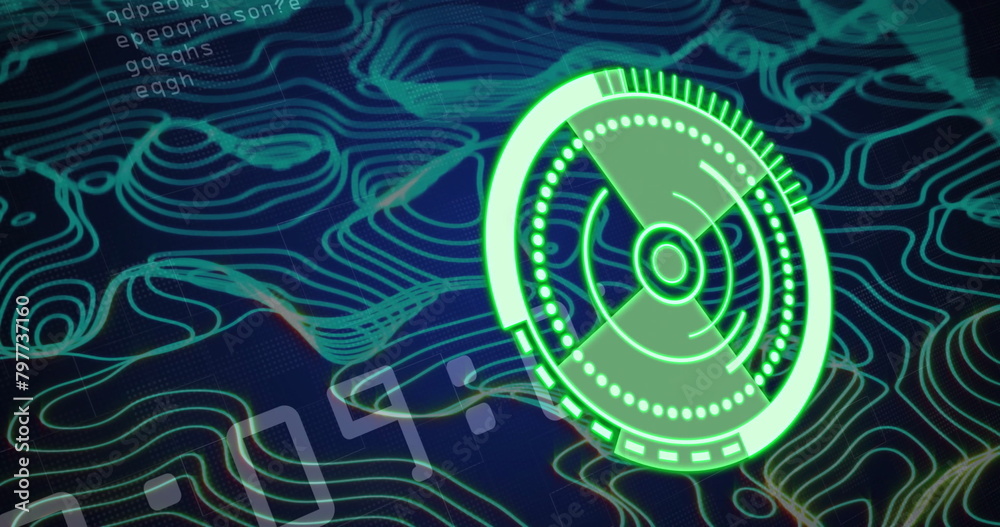 Wall mural image of ai data processing over blue glowing lines on dark background