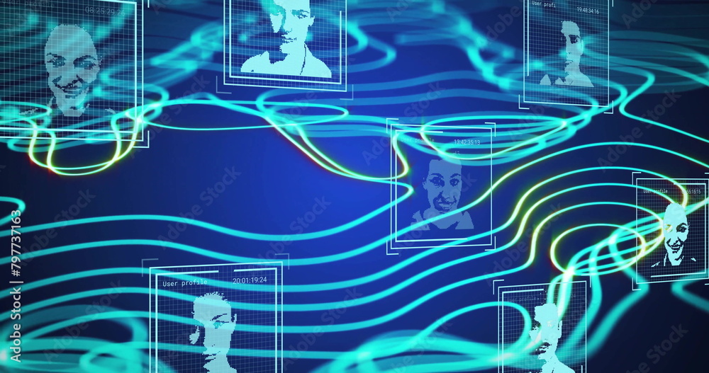 Wall mural image of ai data processing and photos over blue glowing lines on dark background