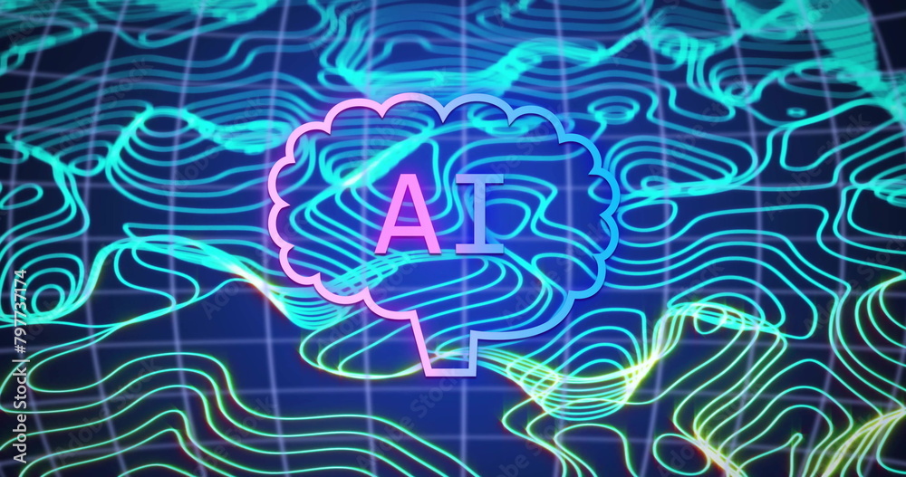 Wall mural image of ai data processing over blue glowing lines on dark background