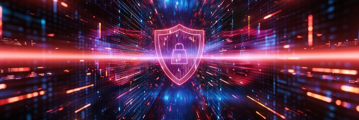Obraz premium Holographic lock shield on binary code backdrop