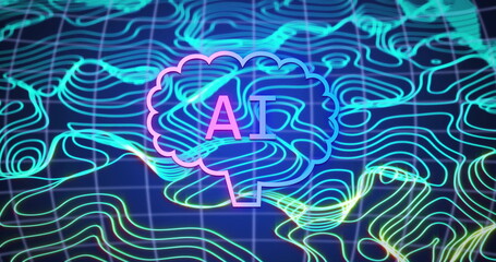 Image of ai data processing over blue glowing lines on dark background