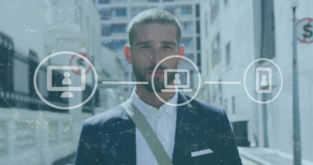 Image of financial data processing over caucasian businessman in city