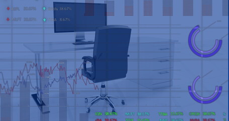 Image of financial data processing over office with computer on desk