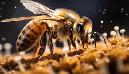 Close up of a bee as it collects pollen on a piece of wood - Powered by Adobe