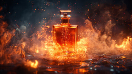 A transparent perfume bottle filled with amber liquid is surrounded by swirling flames and smoke, with glowing embers in the air