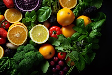 A vibrant display of assorted fruits and vegetables with vivid colors, emphasizing fresh produce like oranges, broccoli, and tomatoes.