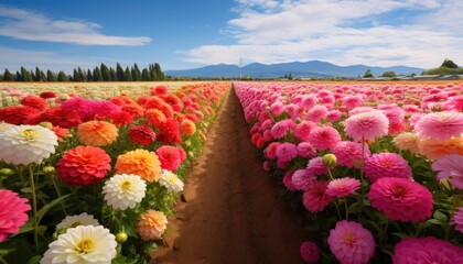 A field filled with rows of various colorful flowers blooming under a vibrant blue sky