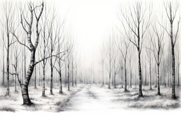 Fototapeta premium A winter snow abandoned forest monochrome outdoors drawing.