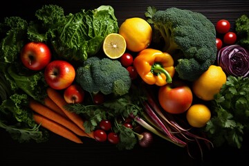 Assorted fresh vegetables and fruits, including broccoli, carrots, and apples, artistically arranged on a dark wooden surface.