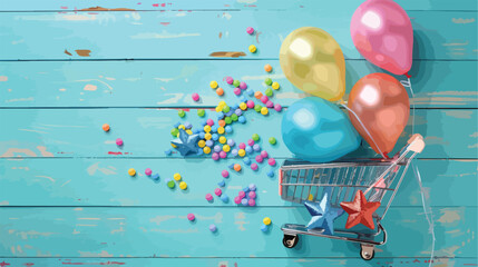 Party beads shopping cart with star balloons on color