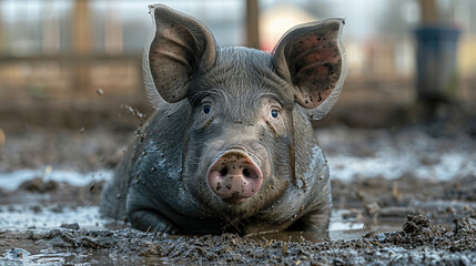 contented pig, with muddy patches in a pen as the background