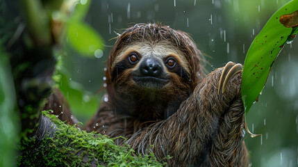 curious sloth, with moss-covered branches as the background