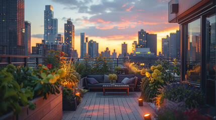 cozy urban rooftop garden, with city skyscrapers in the distance as the background