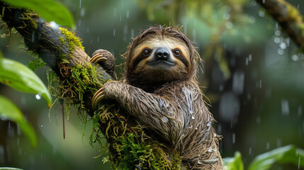 Fototapeta premium curious sloth, with moss-covered branches as the background