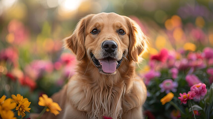 A photo of a friendly dog, with a colorful garden in full bloom as the background