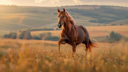 A photo of a majestic horse, with rolling hills behind, during a morning gallop