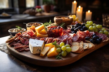A charcuterie board filled with various cheeses, cured meats, and fruits on a wooden table, illuminated by candlelight.