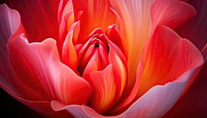 A vibrant red tulip flower in sharp focus against a dark black backdrop, highlighting its intricate details and vivid colors