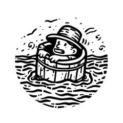 A simple line drawing cartoon, in black and white, round logo, a men with a big head in a wooden wine barrel bobbing in the sea, garfield comic style, 