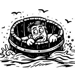 A simple line drawing, in black and white, round logo, a men with a big head in a wooden wine barrel bobbing in the sea, garfield comic style, 
