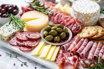 A variety of cheeses, cured meats, olives, and crackers arranged elegantly on a platter, garnished with rosemary sprigs and peppercorns.