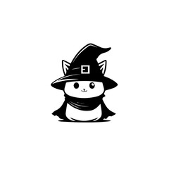 White background and a black line minimalist design of a fantasy black cat mage