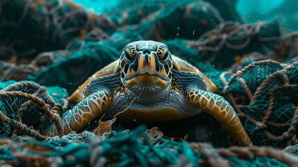 turtle, with discarded fishing nets entangled in seaweed as the background
