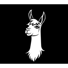 Simple cartoon llama character , simple lines, simple, logo, black background 