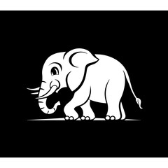 Simple cartoon elephant character , simple lines, simple, logo, black background 