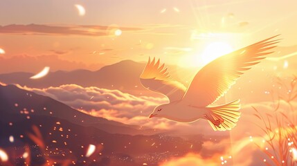 A beautiful sunset over the mountains with a bird flying in the foreground. - obrazy, fototapety, plakaty
