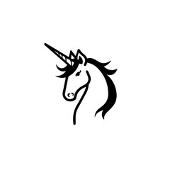 Unicorn, minimalist logo, flat, black, line, white background 
