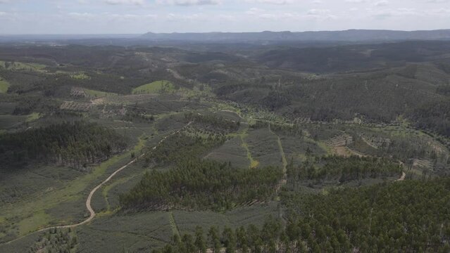 Aerial view of Proen&ccedil;a a Nova landscape. Drone moving f
To the left showing the trees and some dirty roads. Blue sky with some clouds in the background. 4K, 60fps
