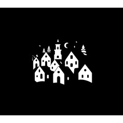 Village, flat logo, minimalistic, cartoonish, monochromic, filled white on black, bulky  - obrazy, fototapety, plakaty