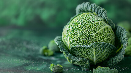 Savoy cabbage on a green background. Cabbage close up. - obrazy, fototapety, plakaty