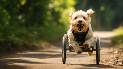 A joyful West Highland White Terrier in a wheelchair rushes along a forest path.
