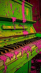 A green piano with pink melted wax dripping down the keys.