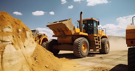 Scene on a hot day where an excavator is loading sand into an industrial truck. The sun shines intensely, creating an atmosphere of intense heat.